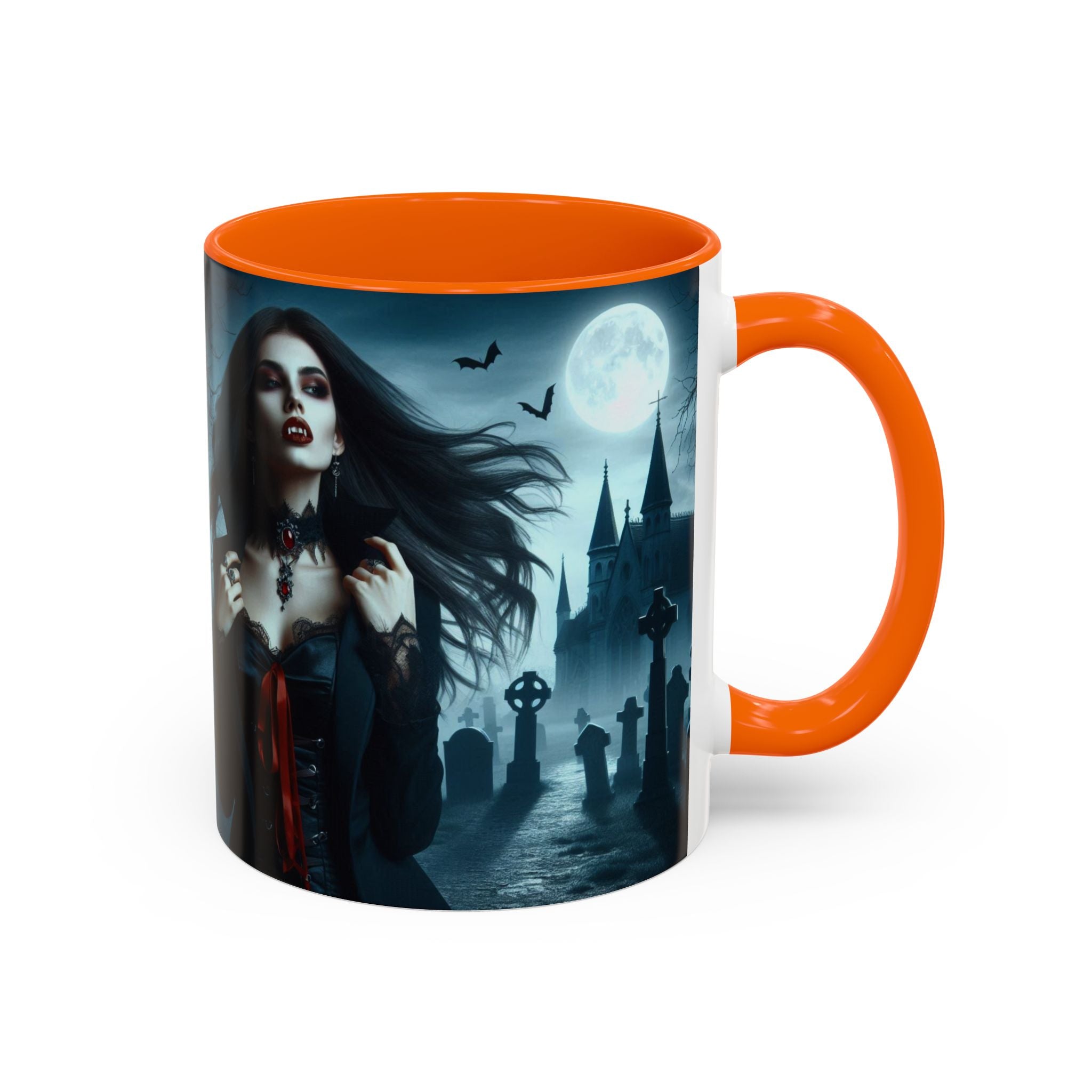 Gothic Vampire Coffee Mug - Spooky Halloween Drinkware in graveyard by castle