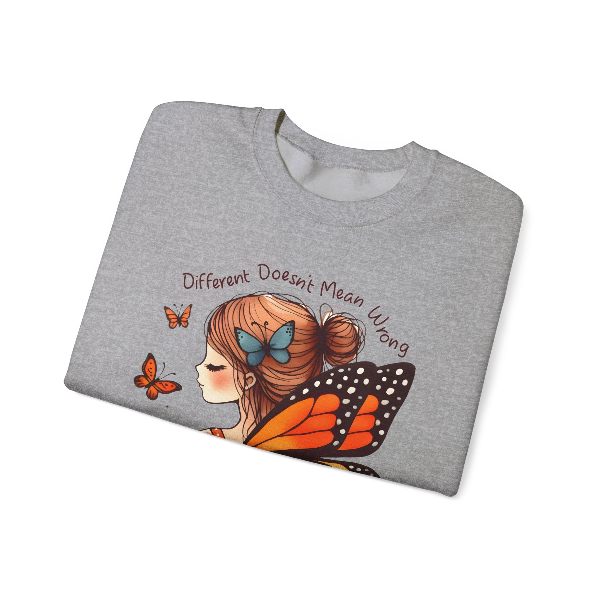 Butterfly Girl Crewneck Sweatshirt — "Different Doesn’t Mean Wrong" Graphic