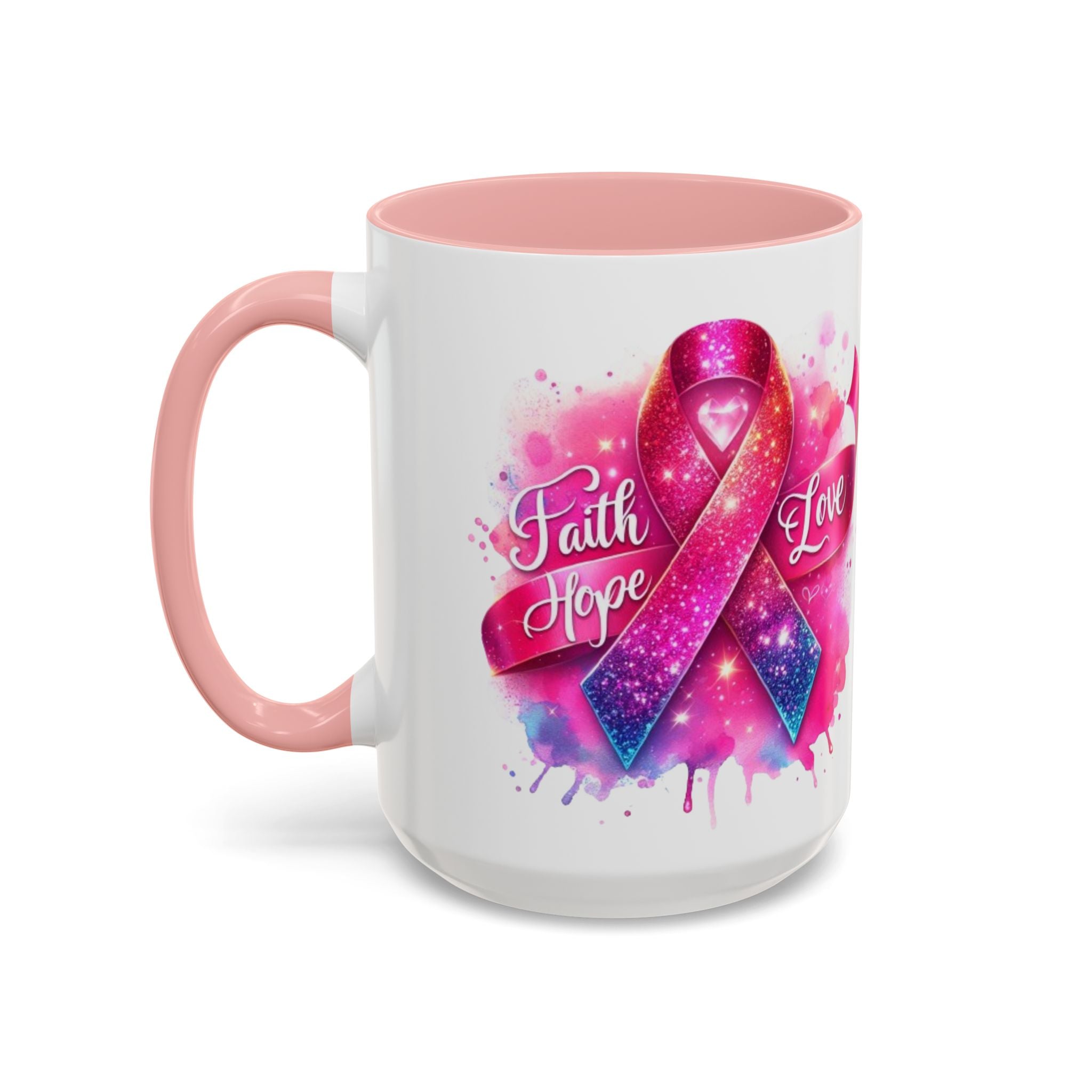 Inspirational Ribbon Coffee Mug - Faith, Hope, Love, Support, Gift for Cancer Awareness, Breast Cancer, Encouragement, Motivational
