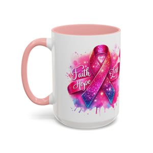 Inspirational Ribbon Coffee Mug - Faith, Hope, Love, Support, Gift for Cancer Awareness, Breast Cancer, Encouragement, Motivational