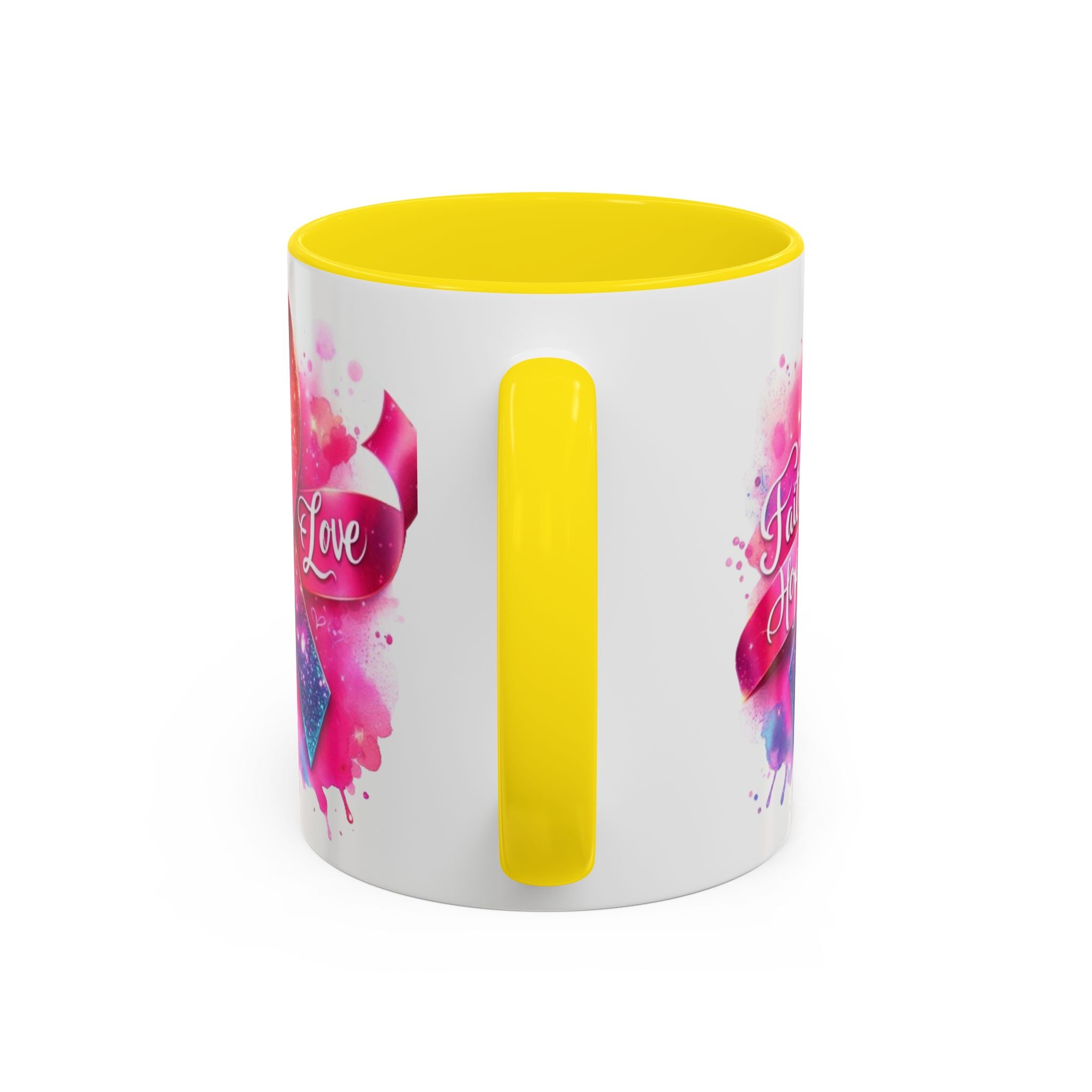 Inspirational Ribbon Coffee Mug - Faith, Hope, Love, Support, Gift for Cancer Awareness, Breast Cancer, Encouragement, Motivational