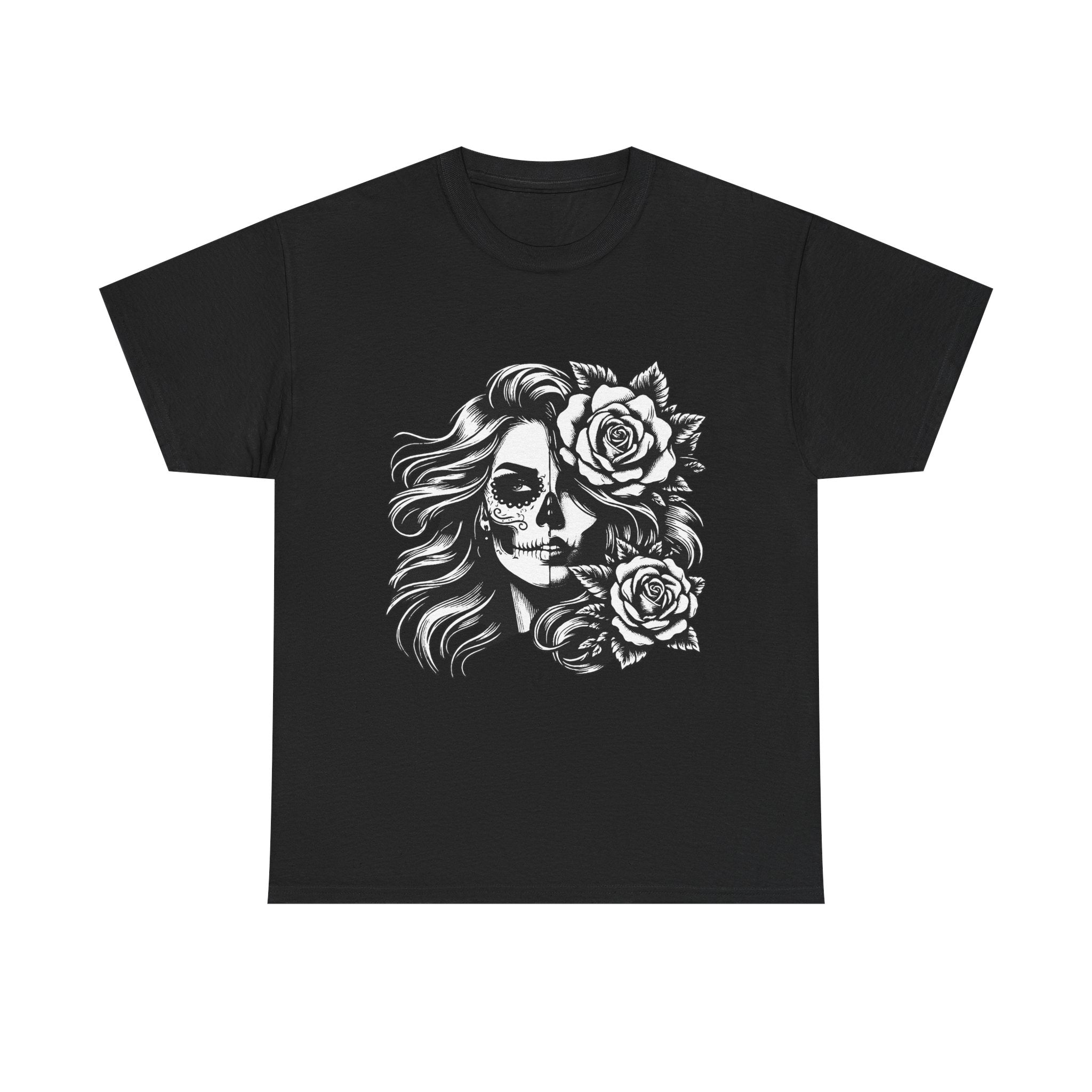 Skull & Rose Unisex Heavy Cotton Tee - Edgy Floral Graphic T-Shirt