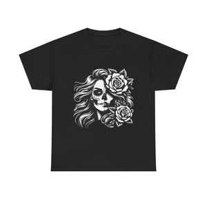 Skull & Rose Unisex Heavy Cotton Tee - Edgy Floral Graphic T-Shirt