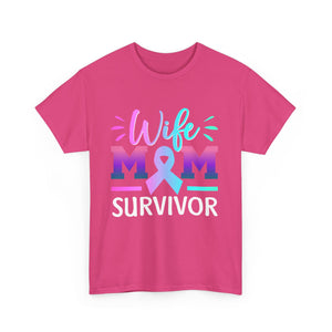 Wife Mom Survivor Tee, Unisex Heavy Cotton Tee, Cancer Awareness Shirt, Gift for Survivors, Inspirational Mom Shirt