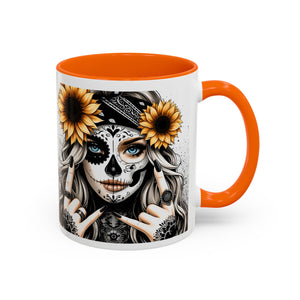 Sunflower Skull Accent Coffee Mug, Gothic Floral Mug, Unique Gift for Coffee Lovers, Boho Decor, Halloween Mug, Artful Drinkware