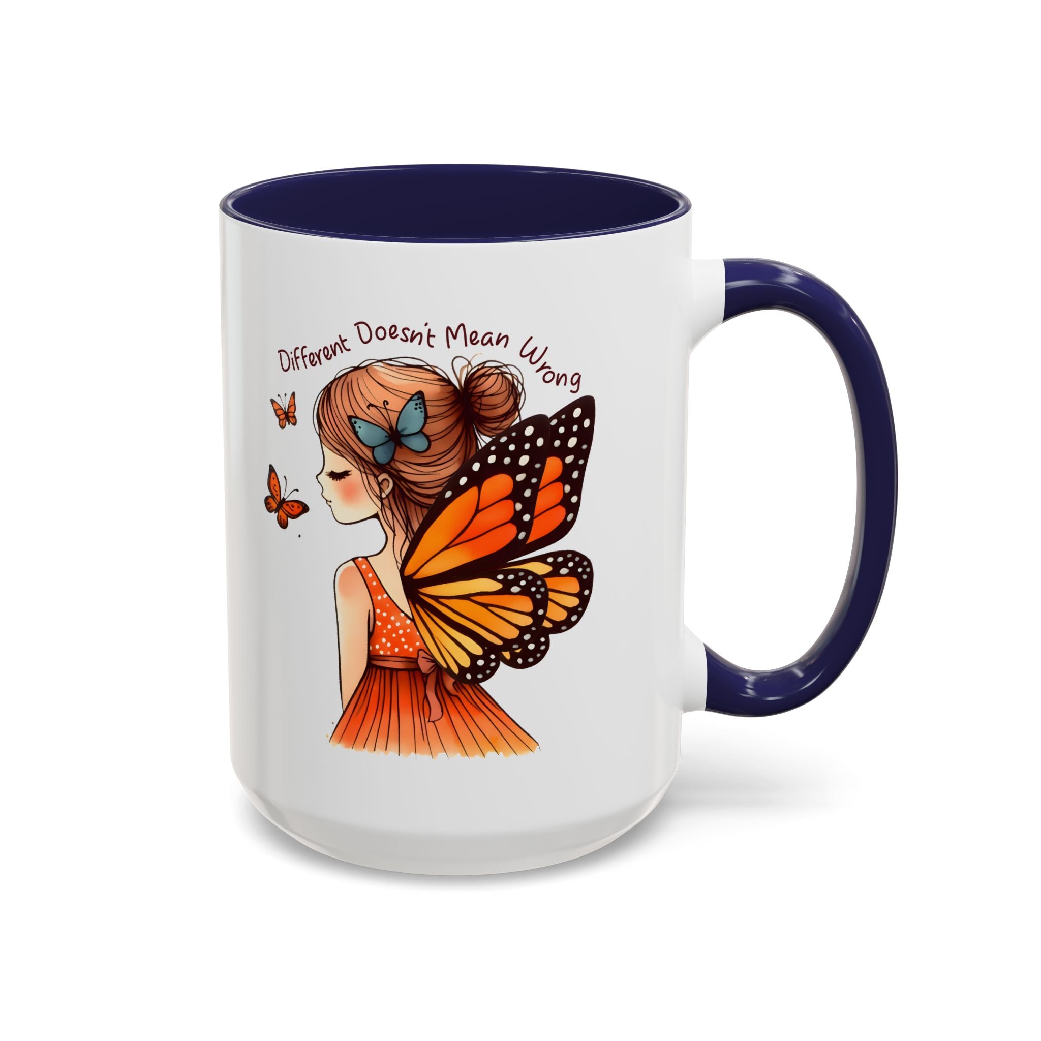 Butterfly Girl Accent Coffee Mug – "Different Doesn't Mean Wrong" Inspirational Tea Mug