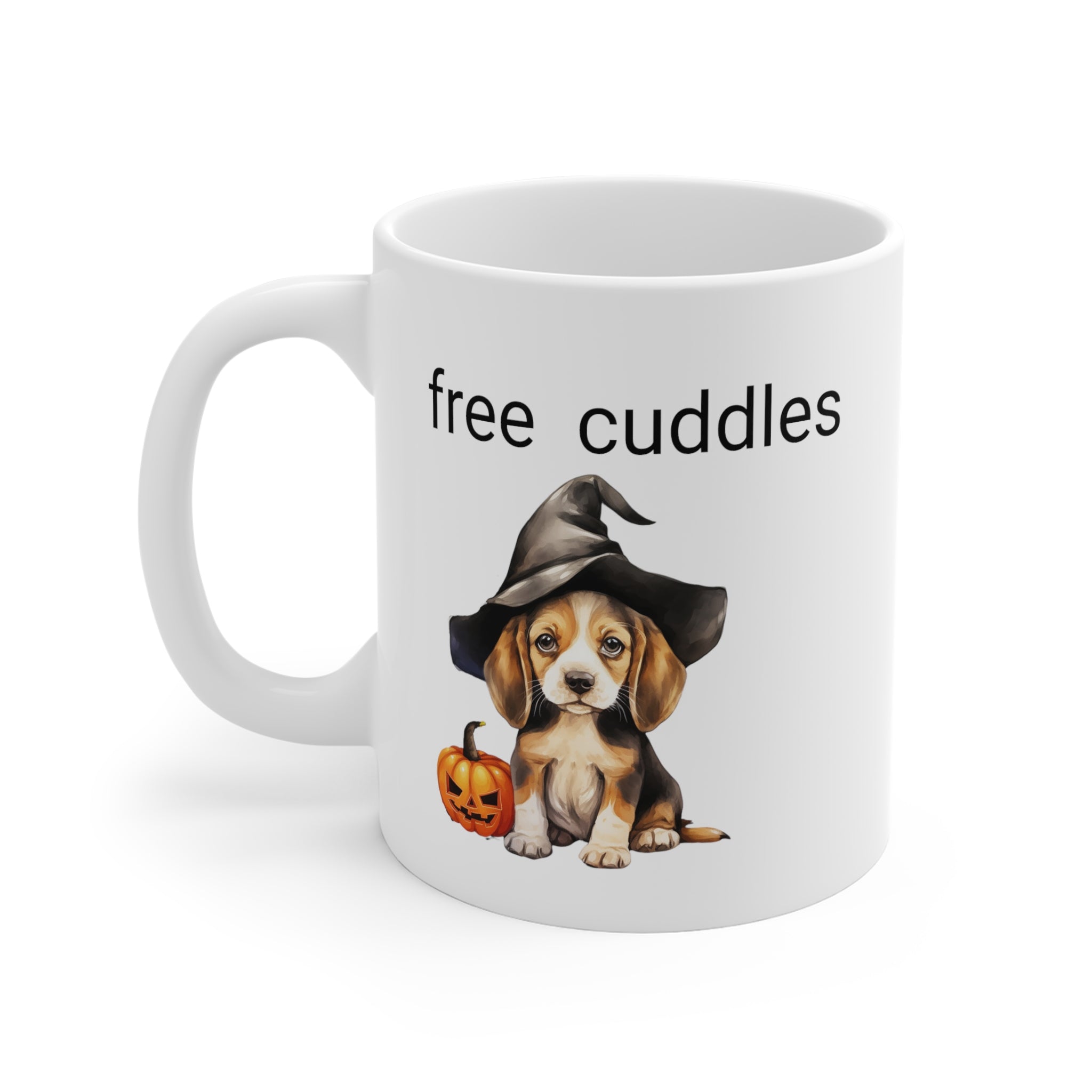 Halloween coffee mug puppy cute free cuddles in witch hat  gift and stocking stuffer White Ceramic Mug
