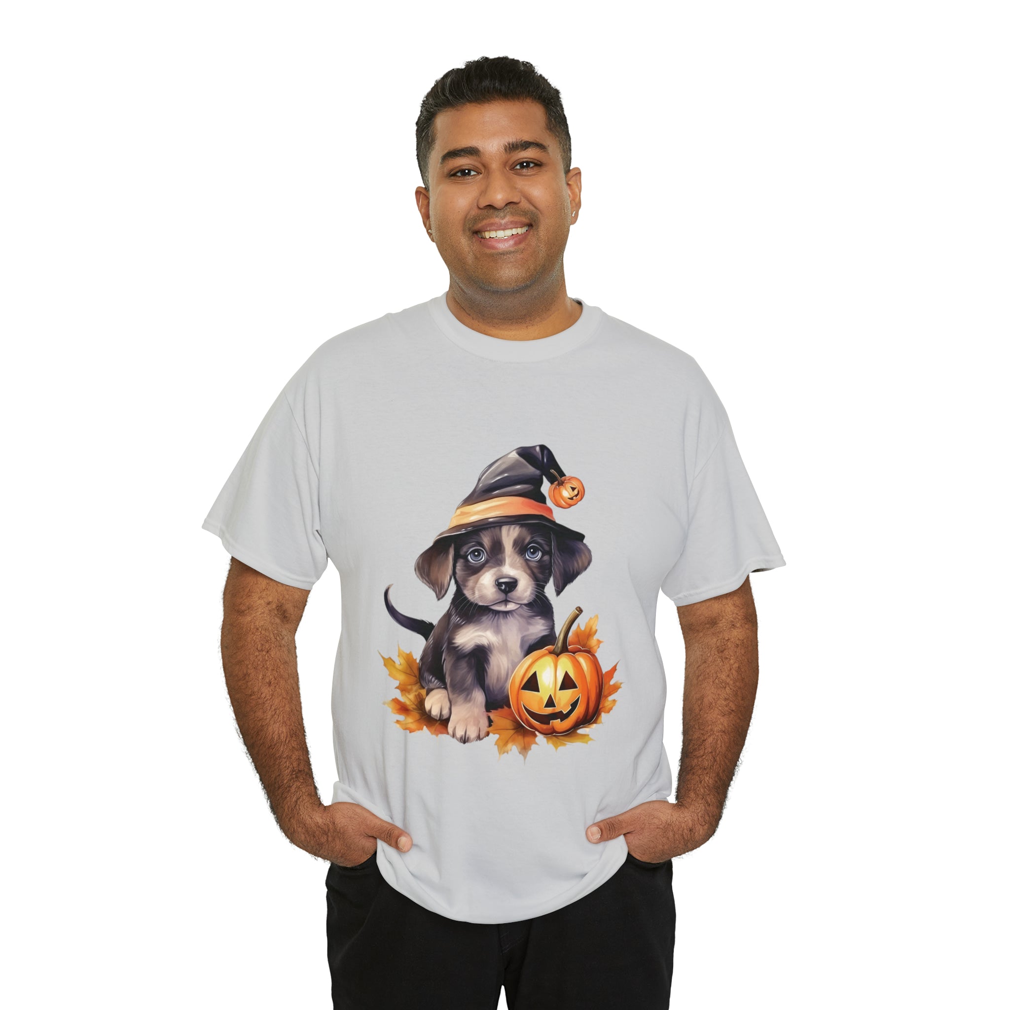 halloween t shirt puppy in witch hat cute gift for her stocking stuffer fall fun item for whole family Unisex Heavy Cotton Tee