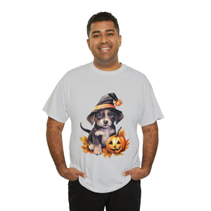 halloween t shirt puppy in witch hat cute gift for her stocking stuffer fall fun item for whole family Unisex Heavy Cotton Tee
