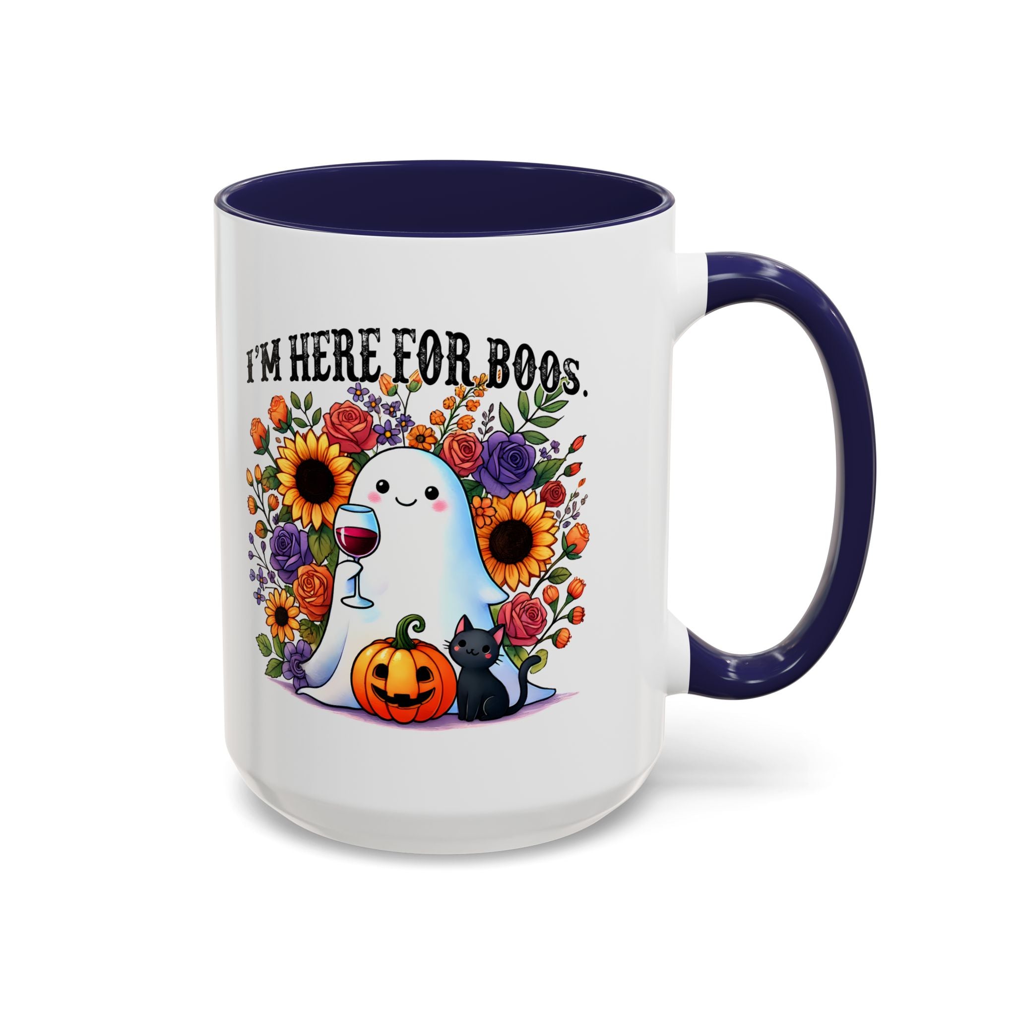 Spooky Floral Coffee Mug - I'm Here for Boos, Halloween Gift, Autumn Decor, Cute Ghost Mug, Cat Lover Drinkware