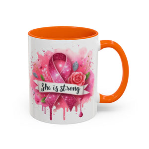 Empowering Pink Ribbon Coffee Mug - She Is Strong, Inspirational Gift for Breast Cancer Awareness, Motivational Drinkware, Supportive [...]