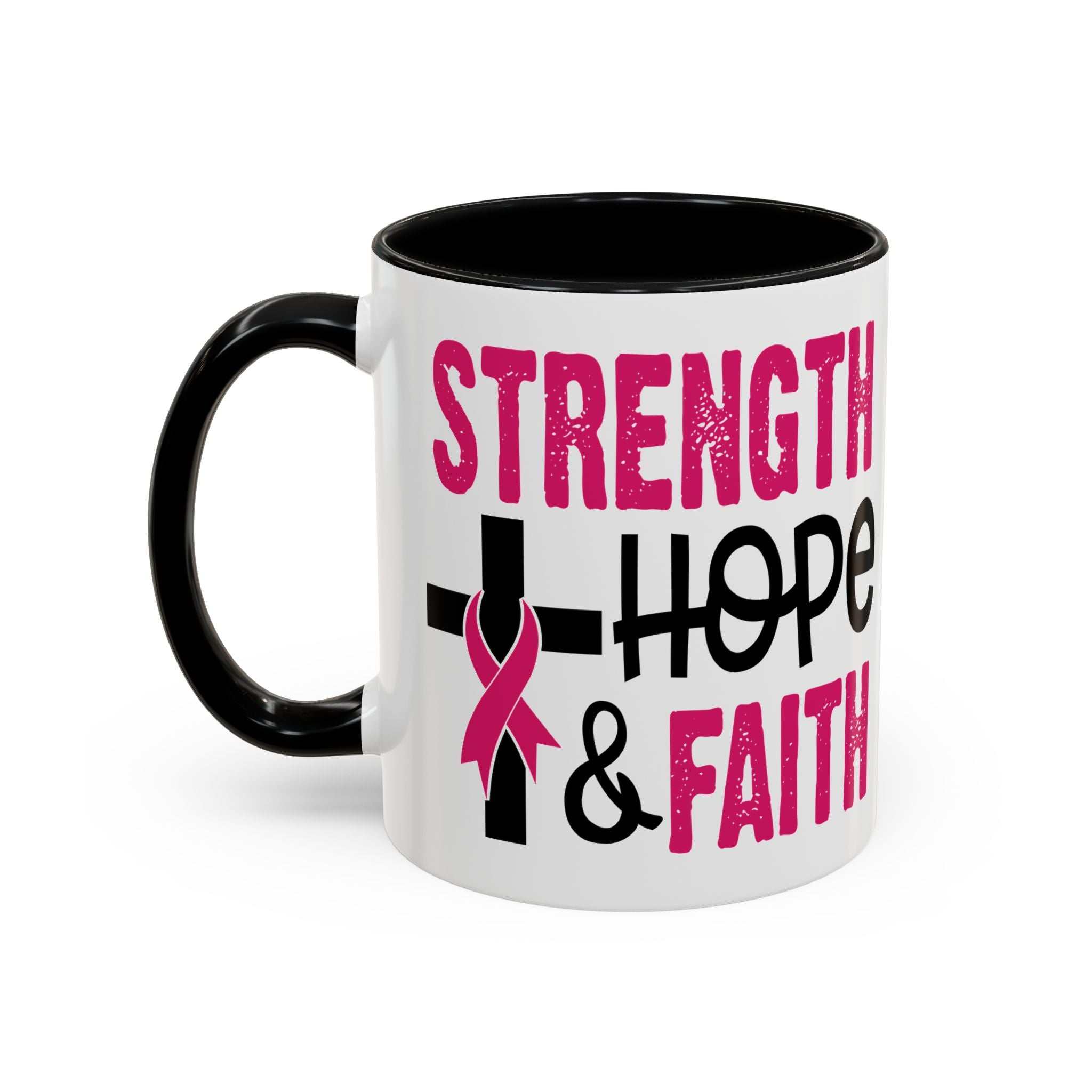 Inspirational Coffee Mug - Strength, Hope, Faith, Pink Ribbon, Christian Gifts, Motivational Drinkware, Breast Cancer Awareness