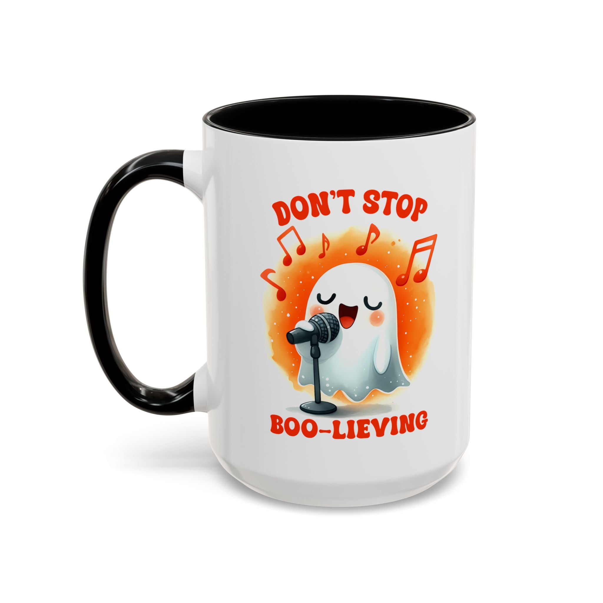 Ghost Coffee Mug, Perfect for Halloween, Fun Gift for Kids & Adults, Don't Stop Boo-lieving Mug, Caffeinated Spirits