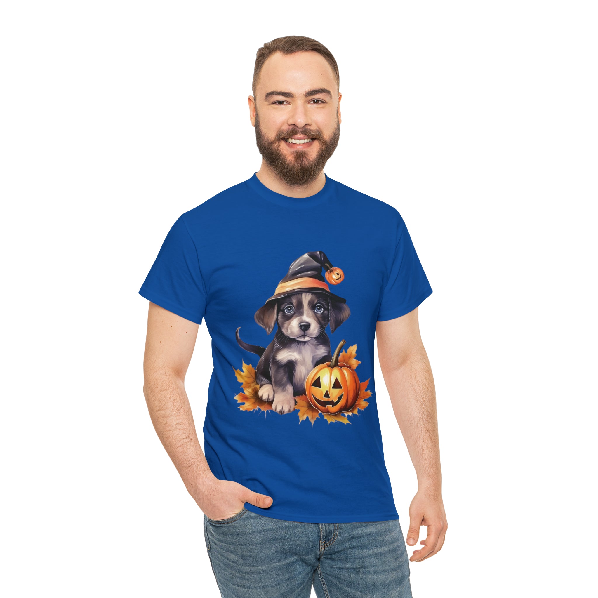 halloween t shirt puppy in witch hat cute gift for her stocking stuffer fall fun item for whole family Unisex Heavy Cotton Tee