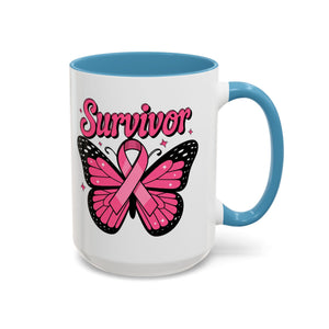 Survivor Butterfly Coffee Mug, Inspirational Gift, Pink Ribbon Mug, Breast Cancer Awareness, Empowerment Cup, Motivational Drinkware