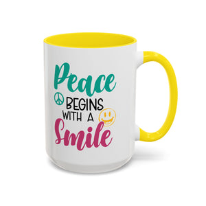 Inspirational Peace Coffee Mug - "Peace Begins with a Smile" - 11oz & 15oz
