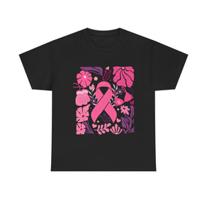 Pink Ribbon Awareness Tee, Flower Power Shirt, Support Breast Cancer, Unisex Cotton T-shirt, Thoughtful Gift for Her