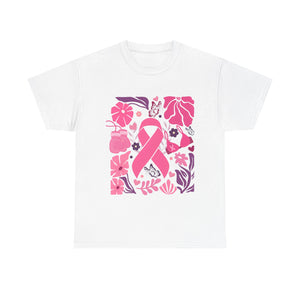 Pink Ribbon Awareness Tee, Flower Power Shirt, Support Breast Cancer, Unisex Cotton T-shirt, Thoughtful Gift for Her