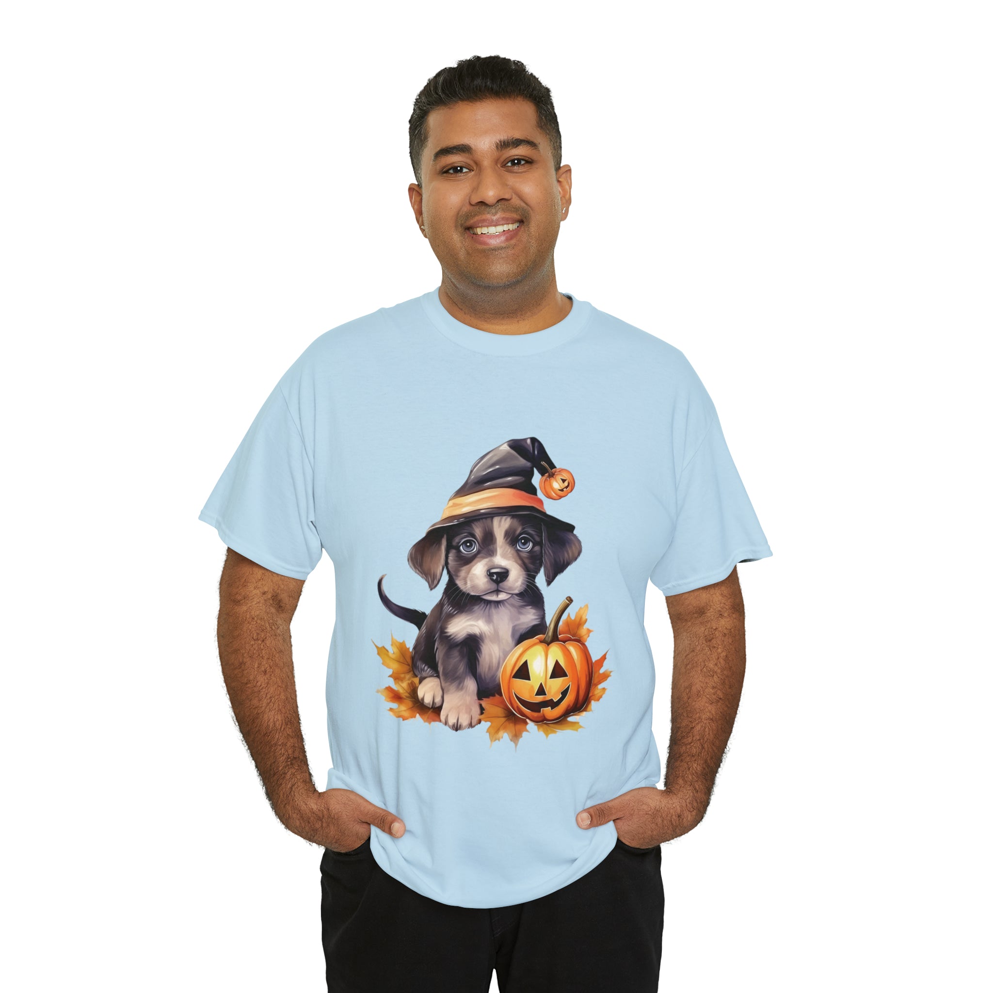 halloween t shirt puppy in witch hat cute gift for her stocking stuffer fall fun item for whole family Unisex Heavy Cotton Tee