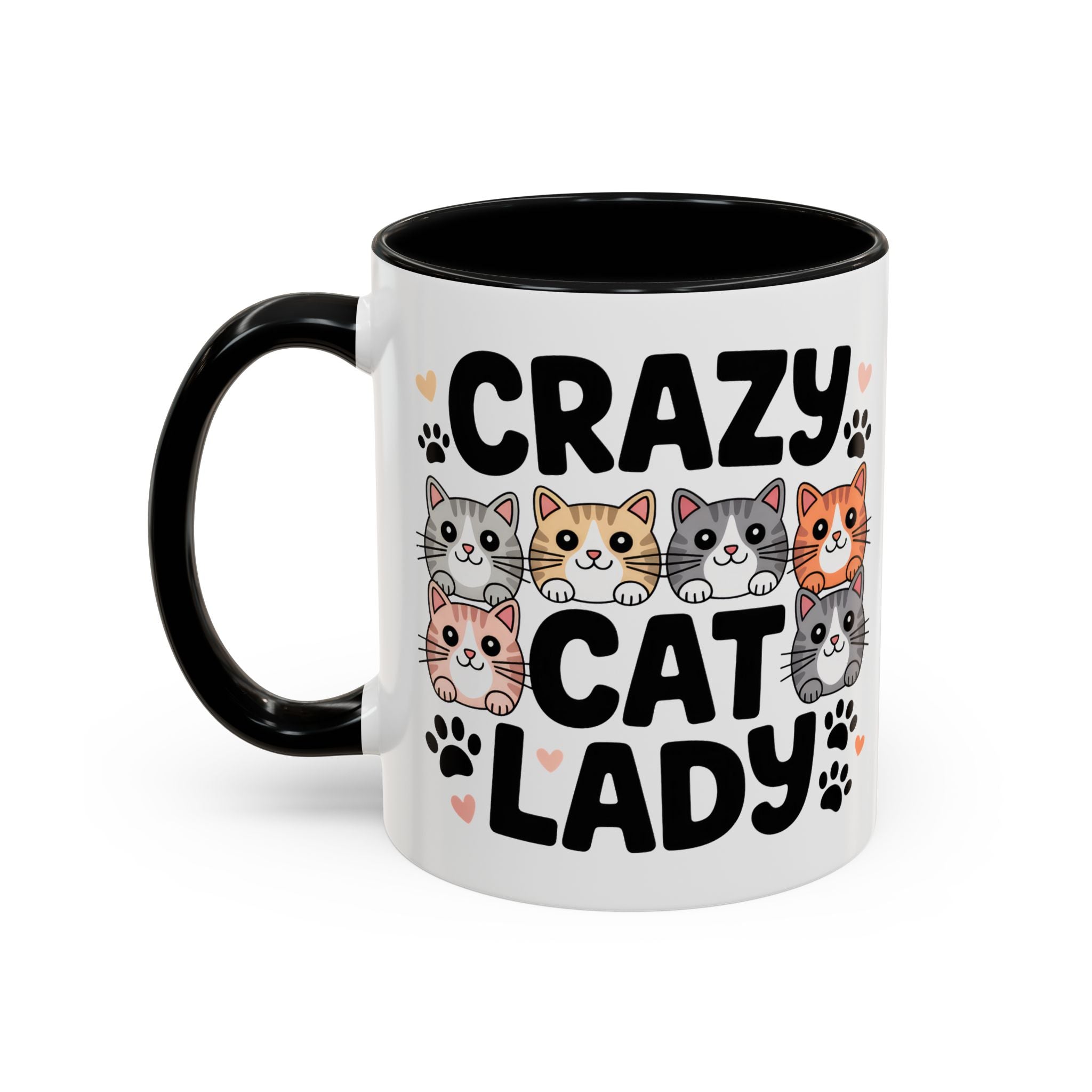 Crazy Cat Lady Accent Coffee Mug — Cute Cat Faces Paw Print 11/15oz