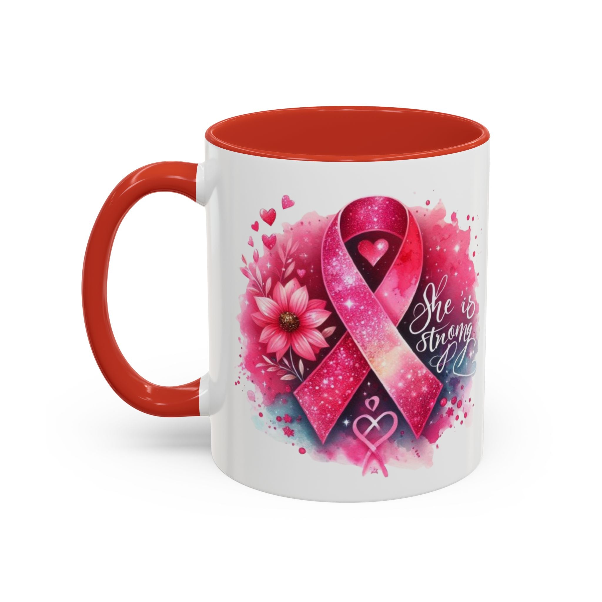 Breast Cancer Awareness Coffee Mug - Inspirational Gift, Motivational Drinkware, Supportive Cup, Pink Ribbon Design, She Is Strong