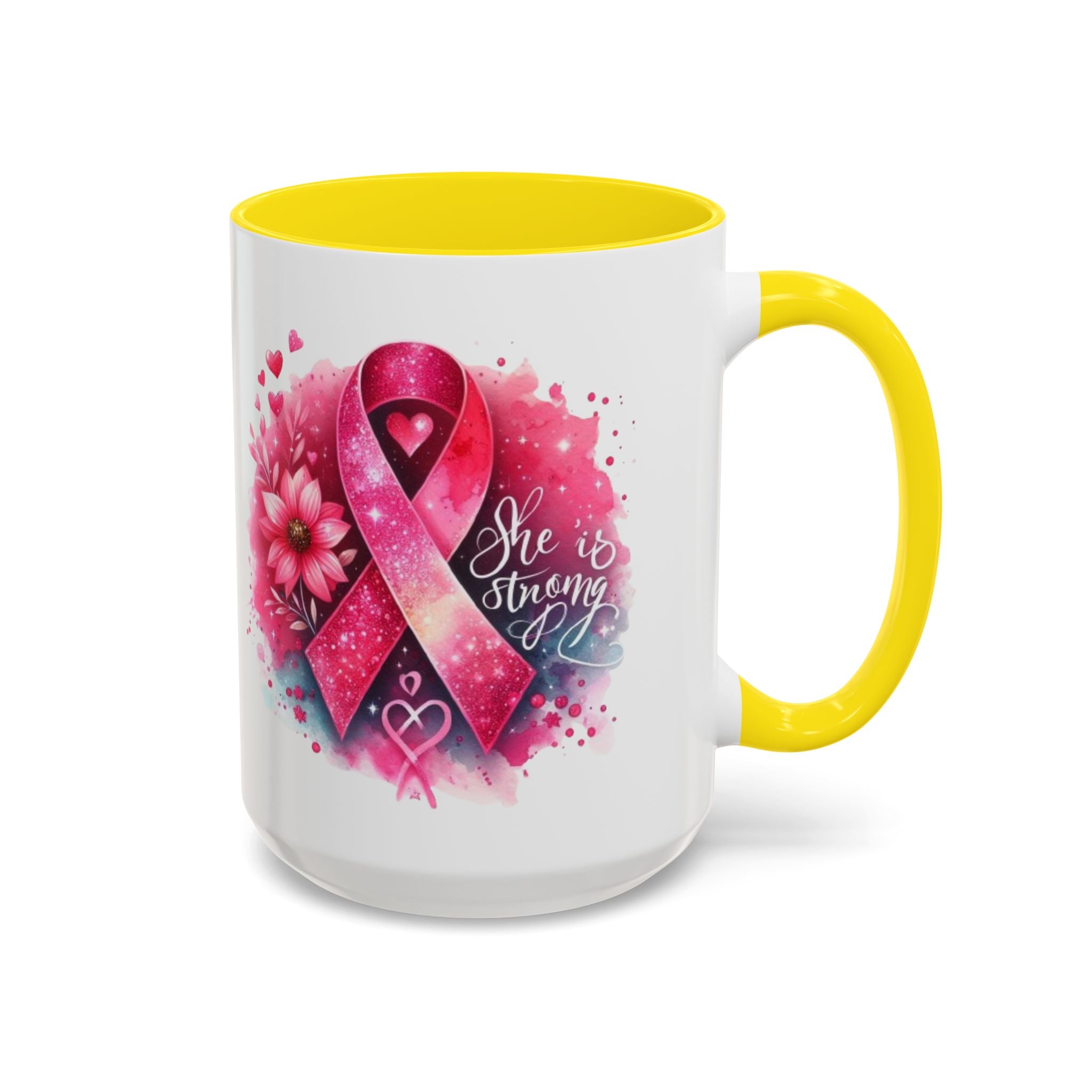Breast Cancer Awareness Coffee Mug - Inspirational Gift, Motivational Drinkware, Supportive Cup, Pink Ribbon Design, She Is Strong