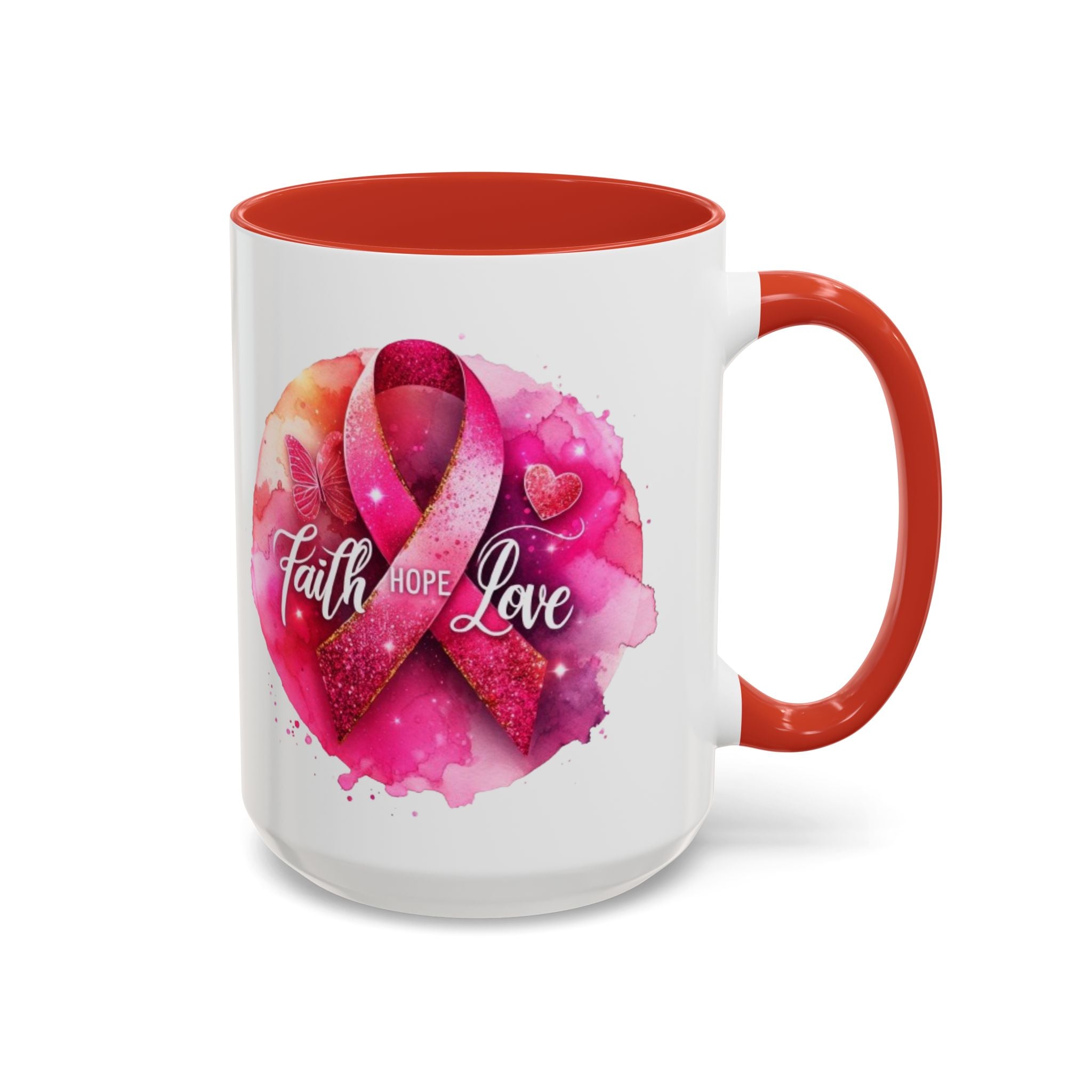 Inspirational Accent Coffee Mug with Pink Ribbon Design, Faith Hope Love Gift, Cancer Awareness Mug, Supportive Drinkware, Meaningful [...]