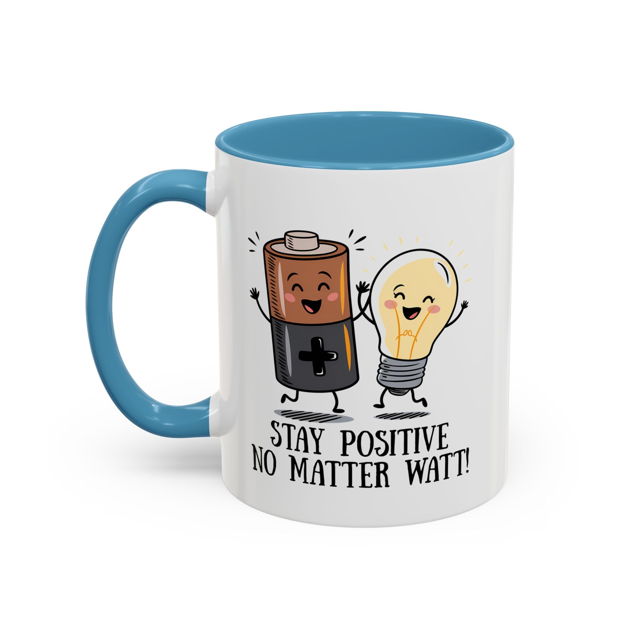 Stay Positive Accent Coffee Mug - 11oz & 15oz - Cute Light Bulb & Battery Design