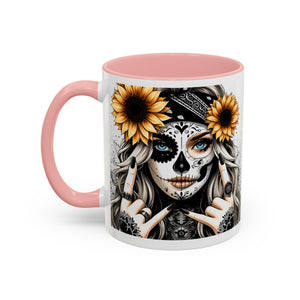Sunflower Skull Accent Coffee Mug, Gothic Floral Mug, Unique Gift for Coffee Lovers, Boho Decor, Halloween Mug, Artful Drinkware