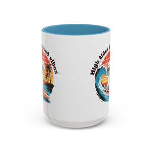 Surfing Cat Coffee Mug - High Tides & Good Vibes - Beach Lover Gift animal lover funny