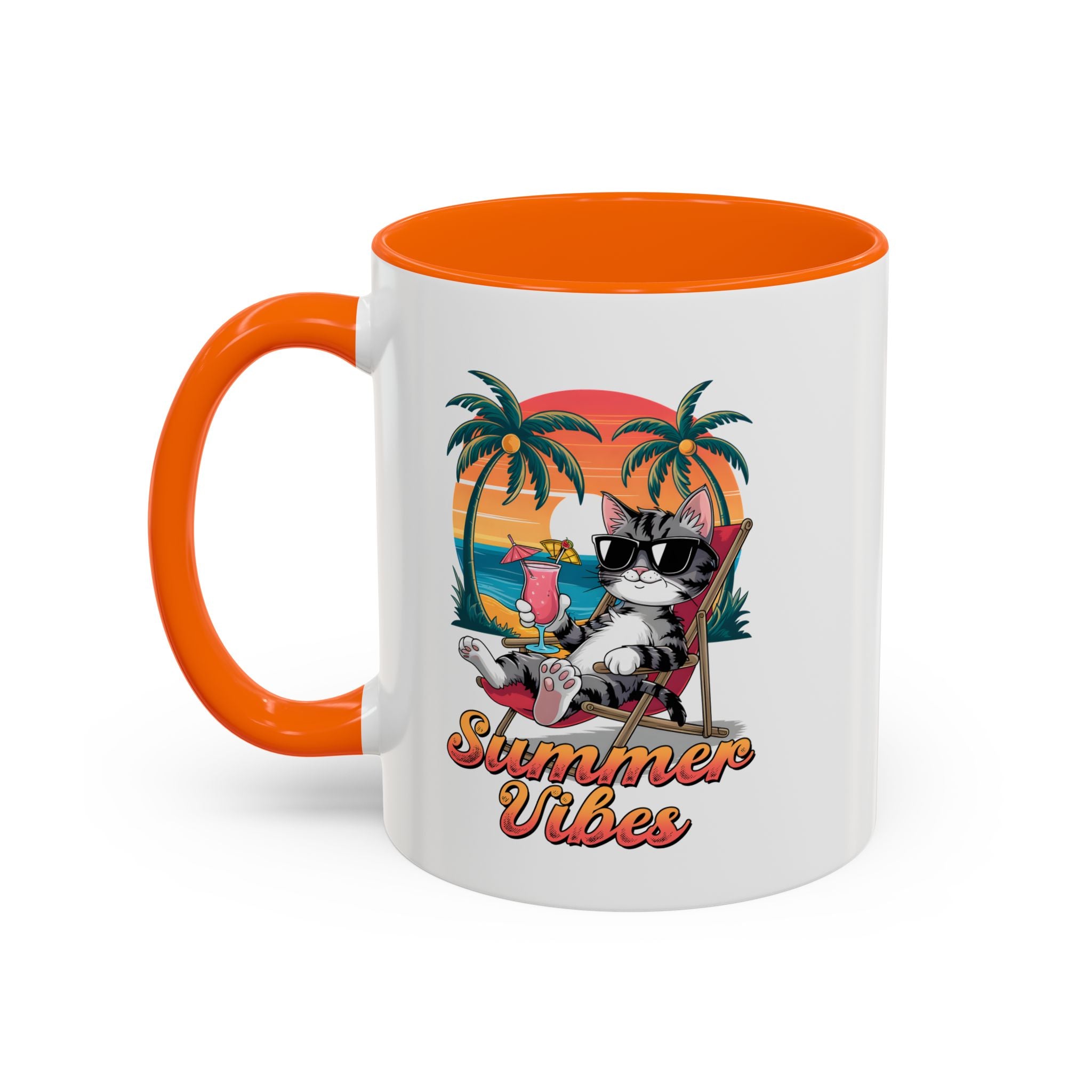 Summer Vibes Coffee Mug, Tropical Cat Mug, Beach Lover Gift, Fun Animal Sipware, Vacation-themed Drinkware, Pet Lover Cup