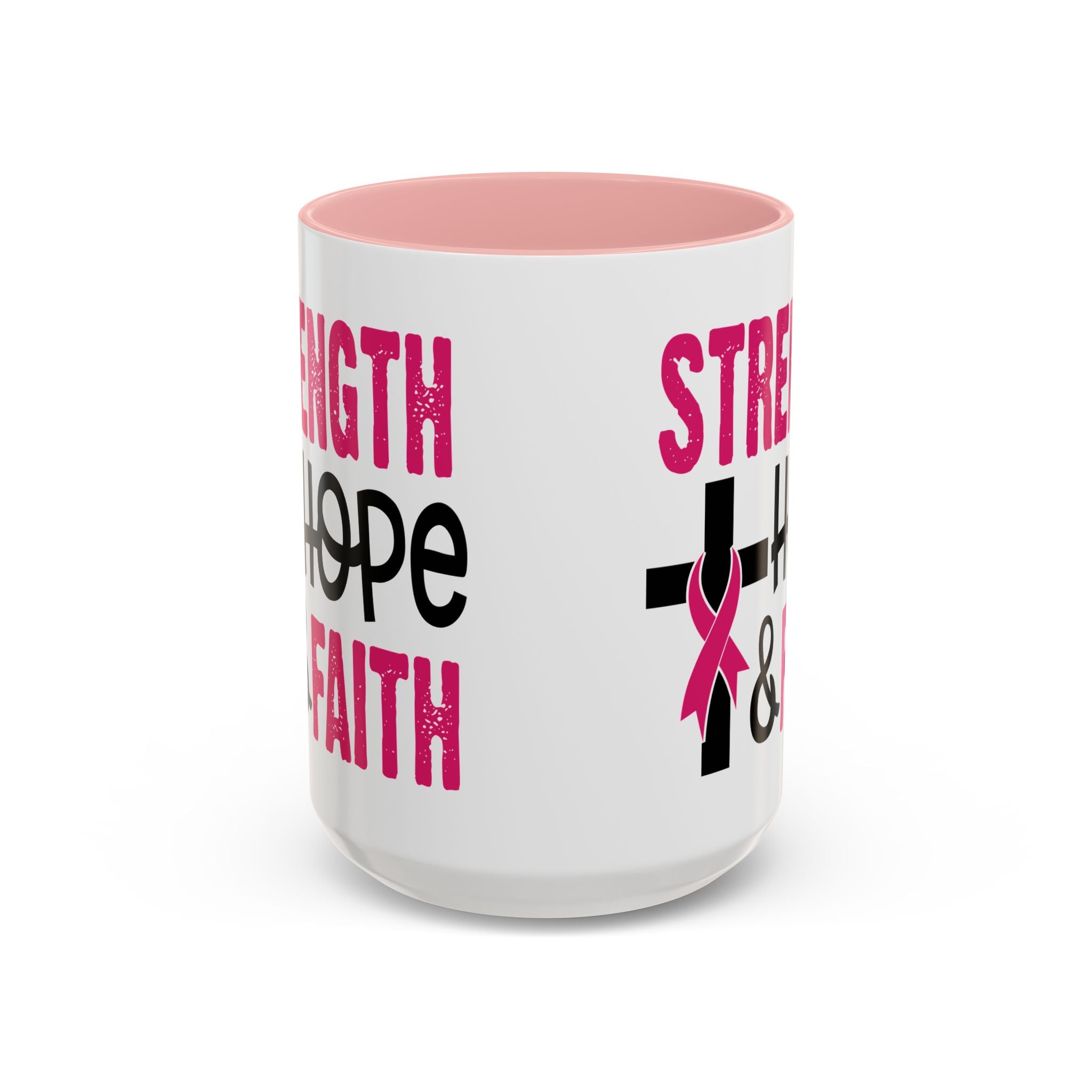 Inspirational Coffee Mug - Strength, Hope, Faith, Pink Ribbon, Christian Gifts, Motivational Drinkware, Breast Cancer Awareness