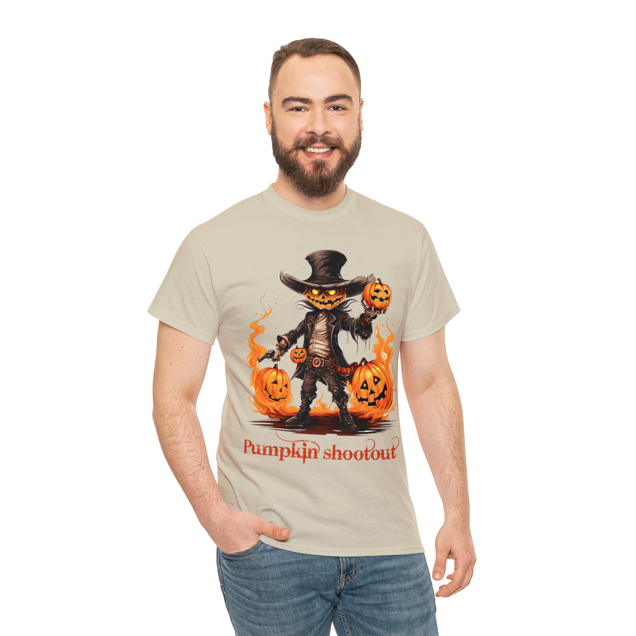Halloween t shirt pumpkin western style shootout funny fall fun scary stocking stuffer for whole family  cotton tee