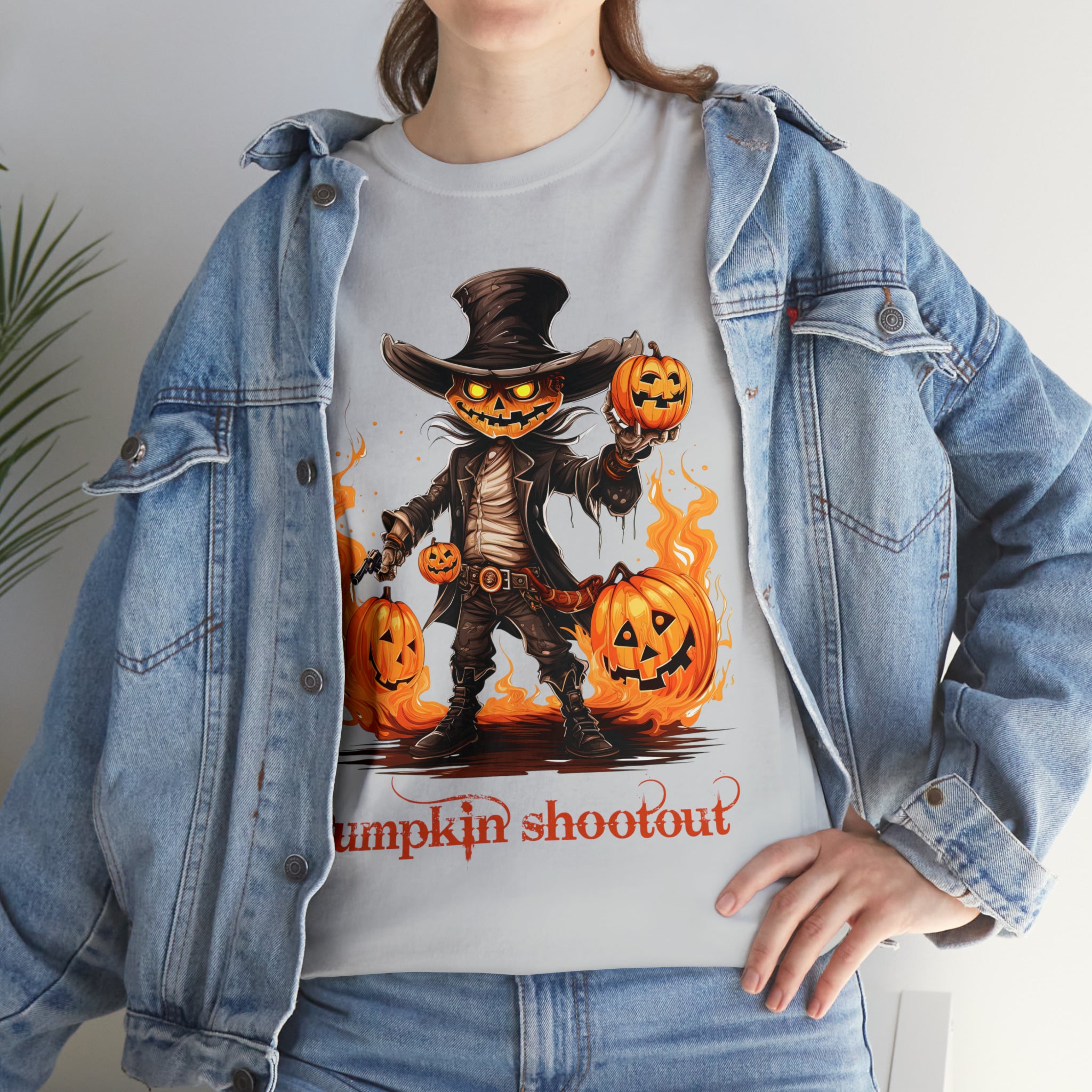 Halloween t shirt pumpkin western style shootout funny fall fun scary stocking stuffer for whole family  cotton tee