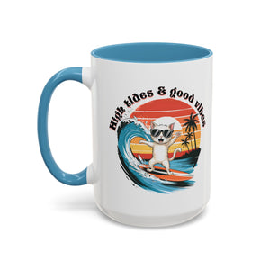 Surfing Cat Coffee Mug - High Tides & Good Vibes - Beach Lover Gift animal lover funny