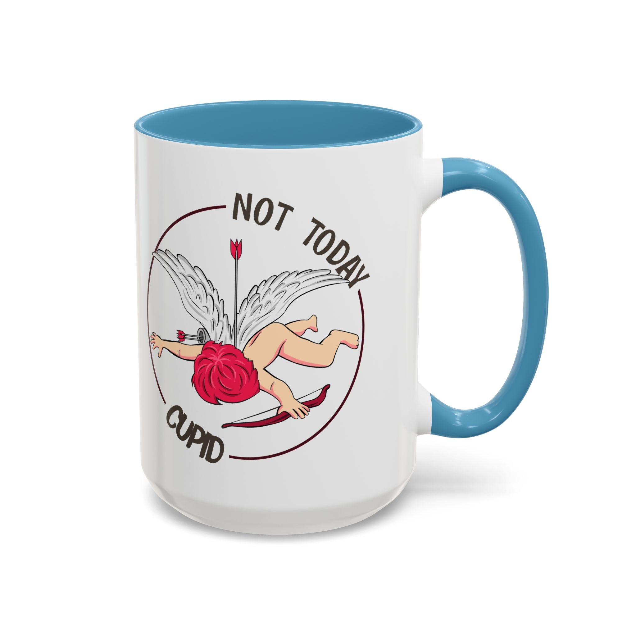 Not Today Cupid Coffee Mug — Funny Anti-Valentine Accent Mug (11/15oz)