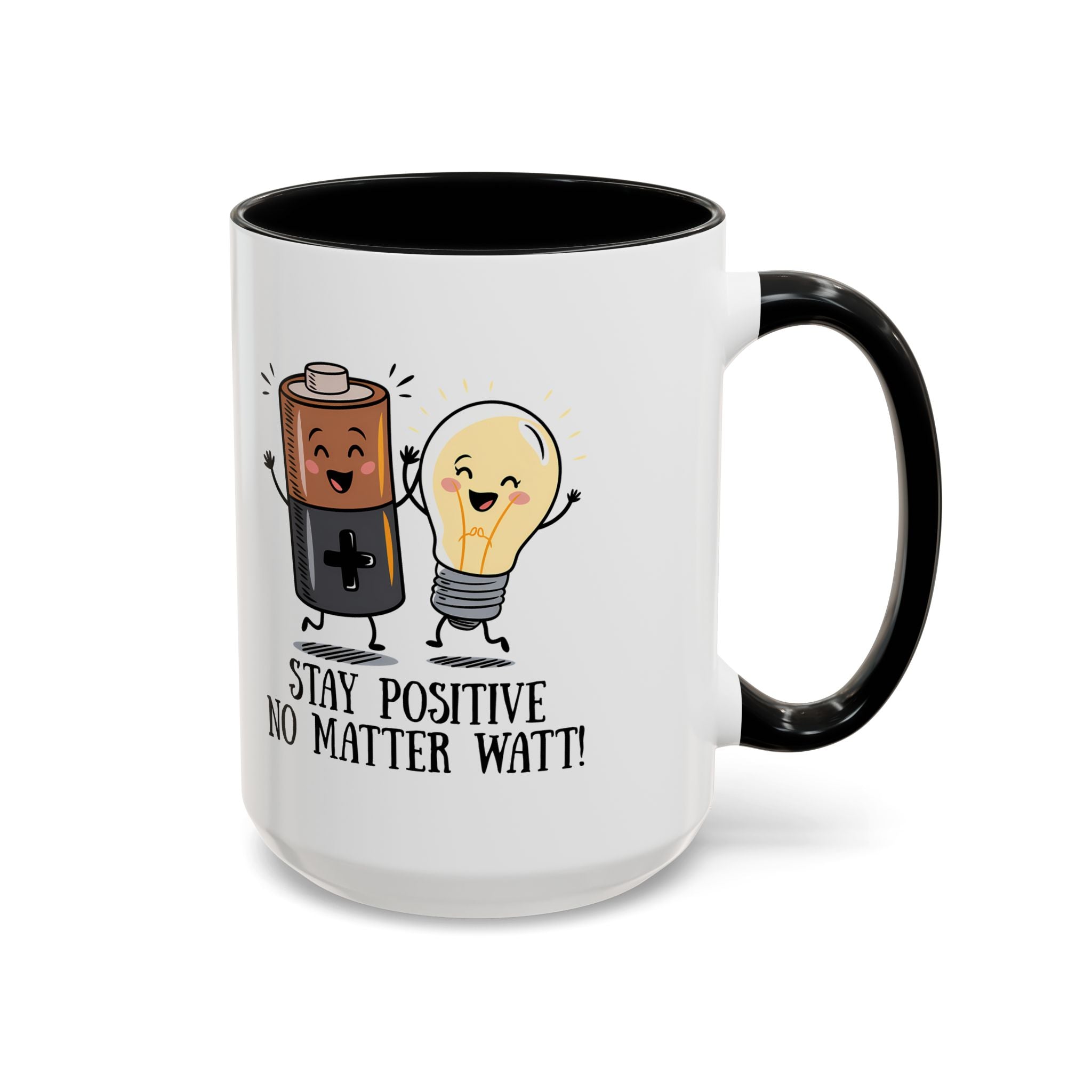 Stay Positive Accent Coffee Mug - 11oz & 15oz - Cute Light Bulb & Battery Design