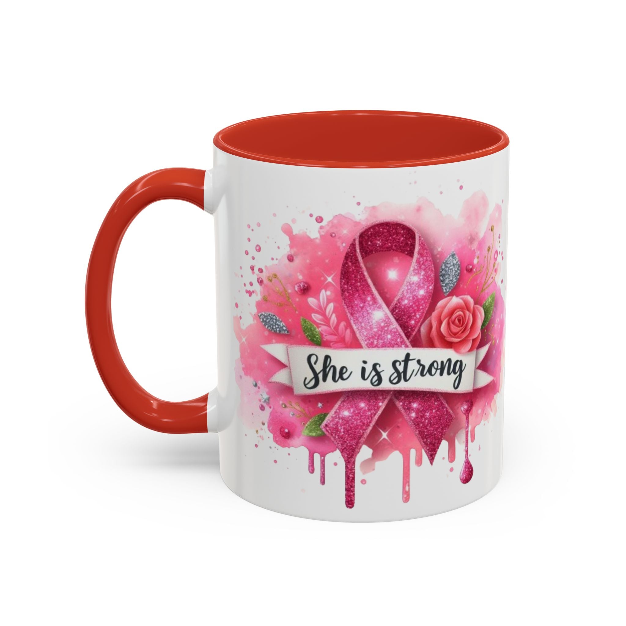Empowering Pink Ribbon Coffee Mug - She Is Strong, Inspirational Gift for Breast Cancer Awareness, Motivational Drinkware, Supportive [...]