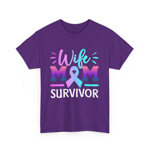 Wife Mom Survivor Tee, Unisex Heavy Cotton Tee, Cancer Awareness Shirt, Gift for Survivors, Inspirational Mom Shirt