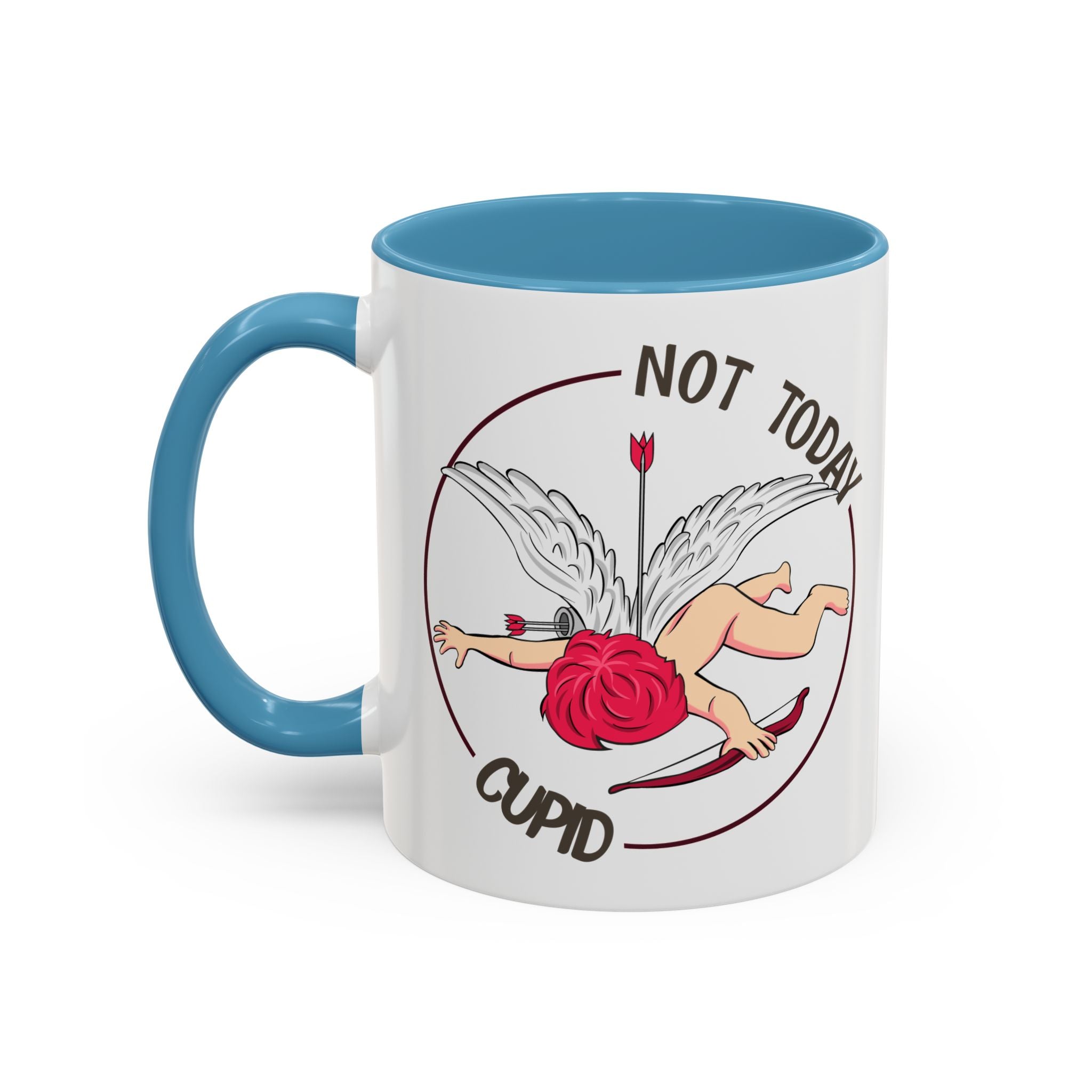 Not Today Cupid Coffee Mug — Funny Anti-Valentine Accent Mug (11/15oz)