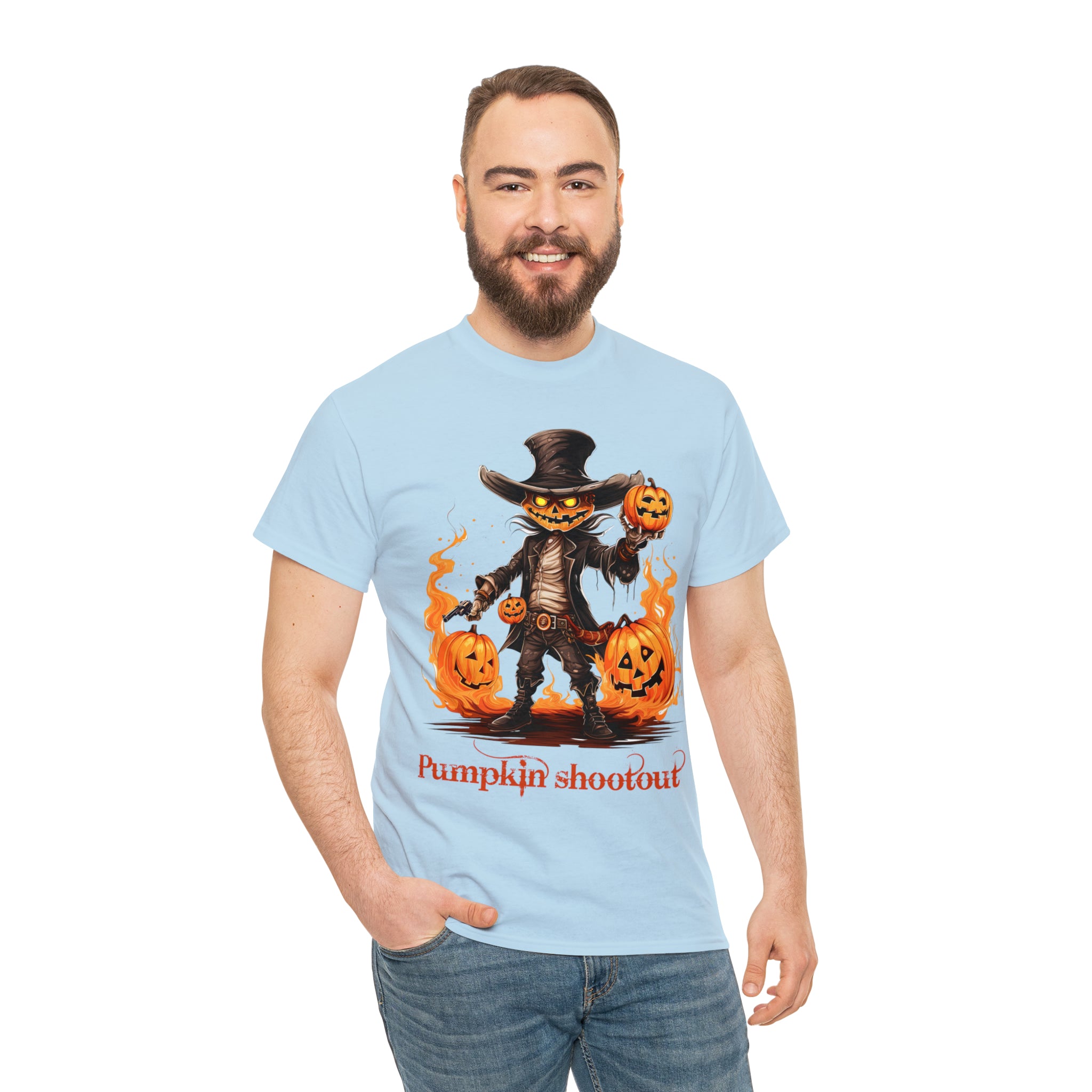 Halloween t shirt pumpkin western style shootout funny fall fun scary stocking stuffer for whole family  cotton tee