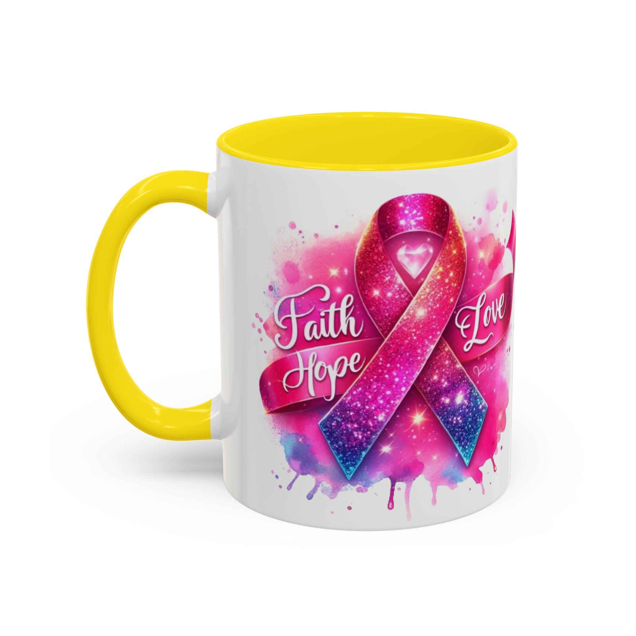 Inspirational Ribbon Coffee Mug - Faith, Hope, Love, Support, Gift for Cancer Awareness, Breast Cancer, Encouragement, Motivational
