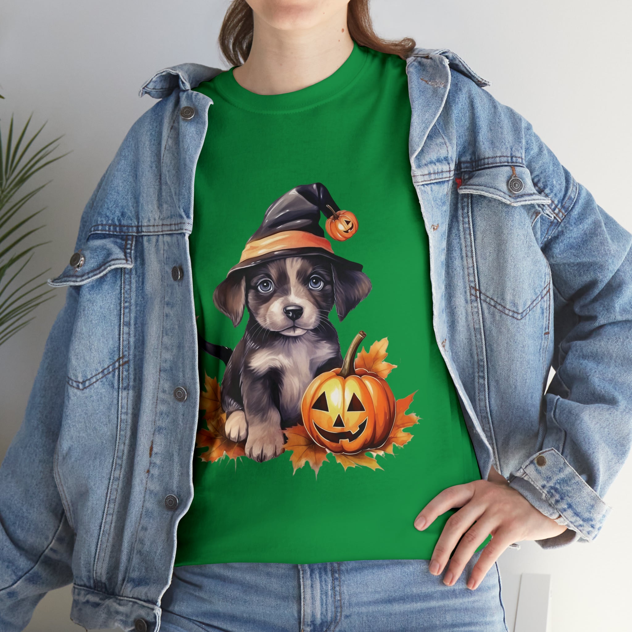 halloween t shirt puppy in witch hat cute gift for her stocking stuffer fall fun item for whole family Unisex Heavy Cotton Tee
