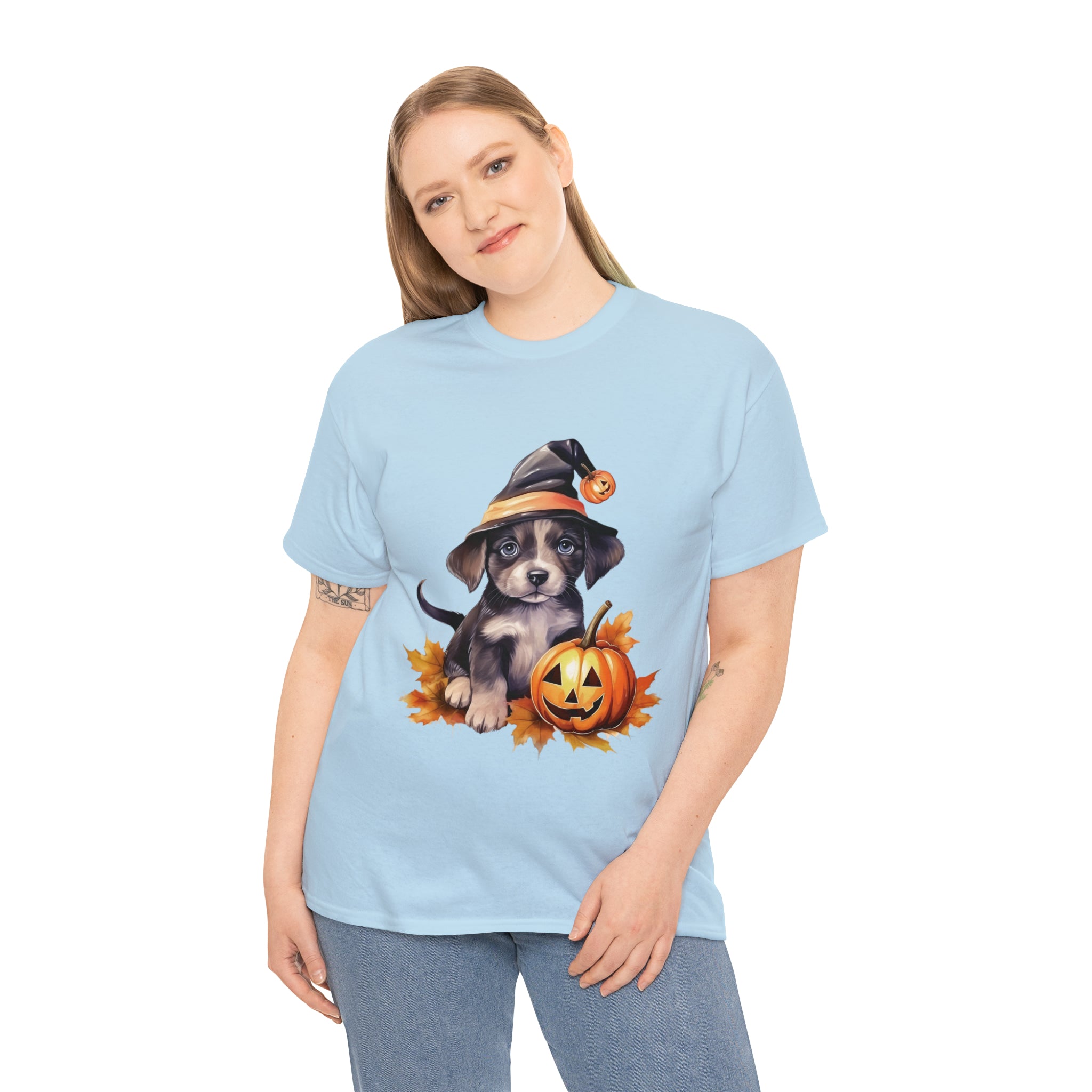 halloween t shirt puppy in witch hat cute gift for her stocking stuffer fall fun item for whole family Unisex Heavy Cotton Tee