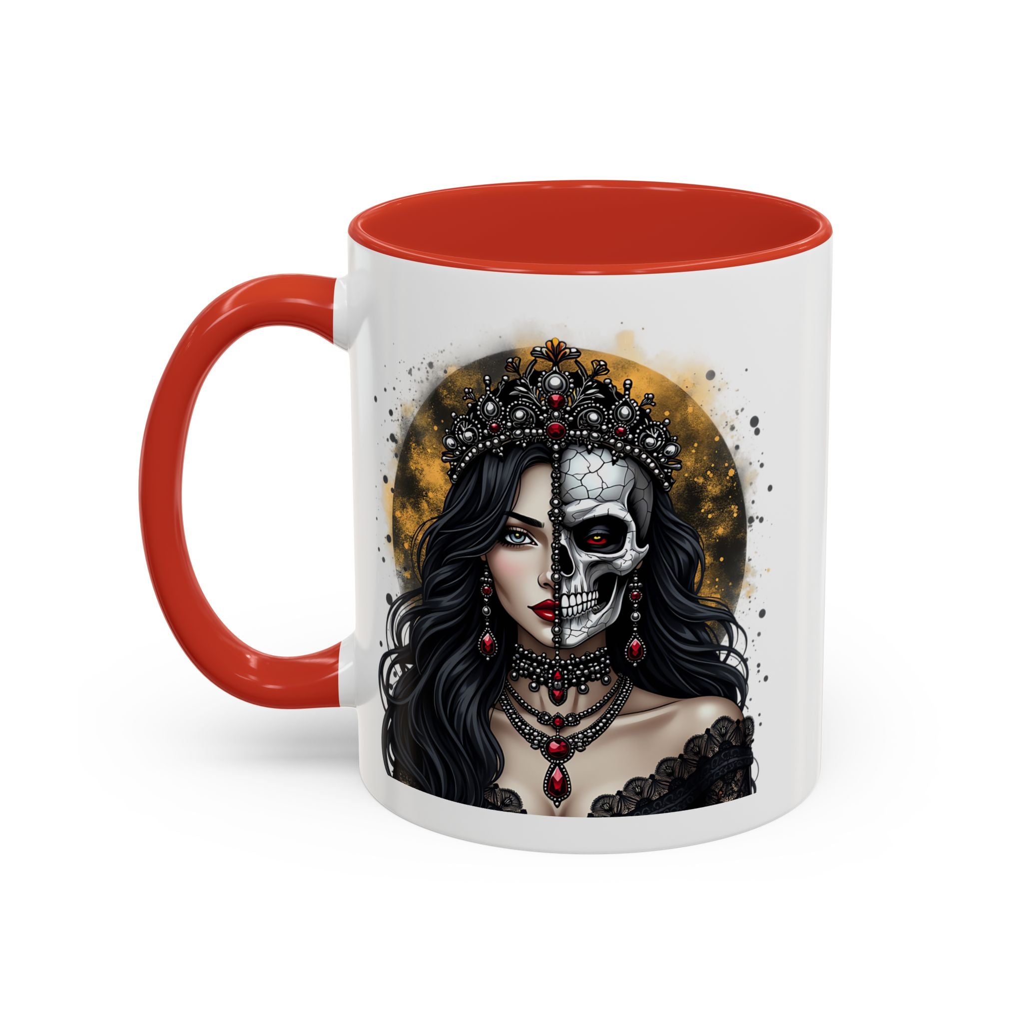 Gothic Art Accent Mug - Artistic Skull & Lady Design, Unique Coffee Cup for Halloween, Gift for Her, Decorative Kitchenware, Dark Aesthetic