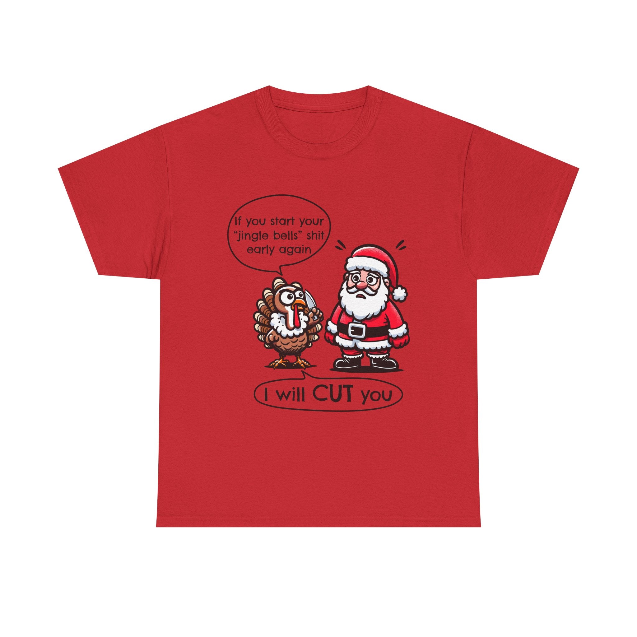 Funny Holiday Tee: 'I Will CUT You' Santa & Turkey Design, Christmas Gift, Unisex Cotton Shirt, Thanksgiving Humor, Festive Apparel