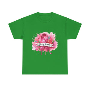 Unisex Heavy Cotton Tee - "She is Strong" Breast Cancer Awareness Shirt, Inspirational Tee, Gift for Her, Supportive Apparel, [...]