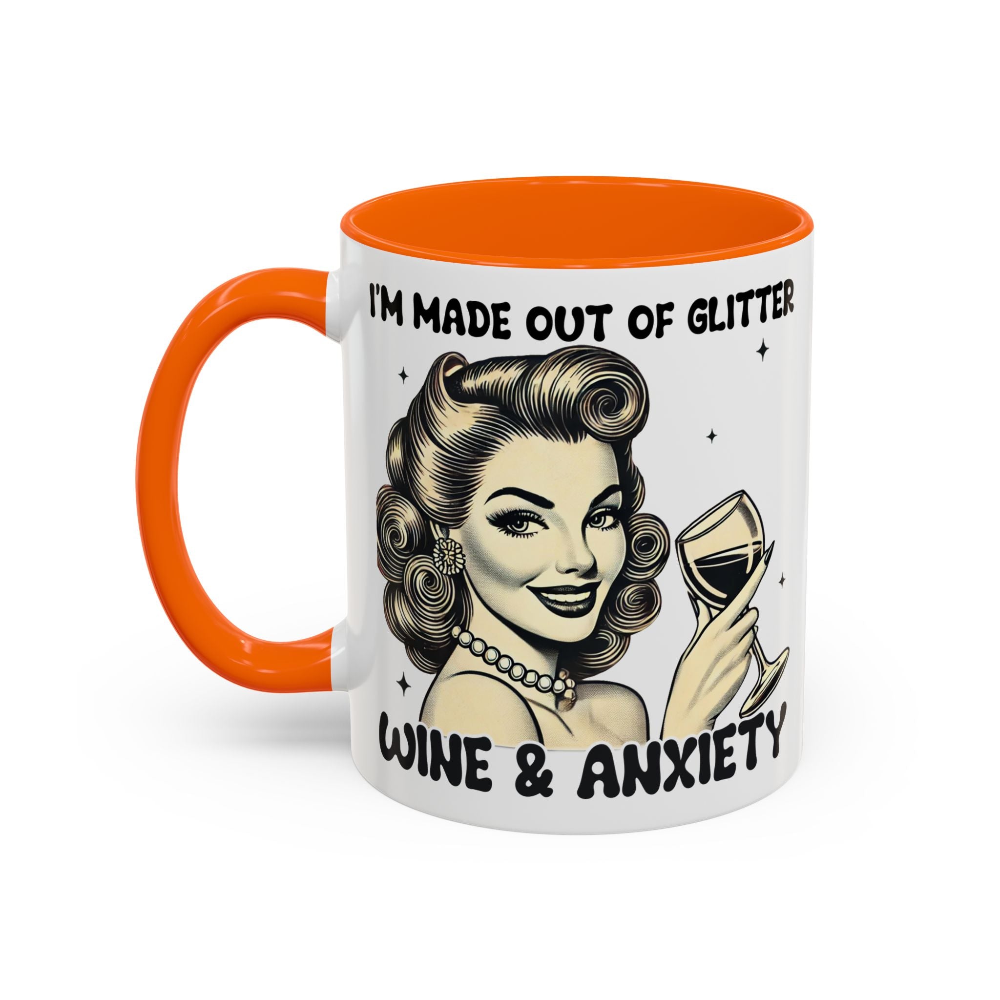 Wine & Anxiety Coffee Mug — "I'm Made Out of Glitter, Wine & Anxiety" Retro Accent Mug