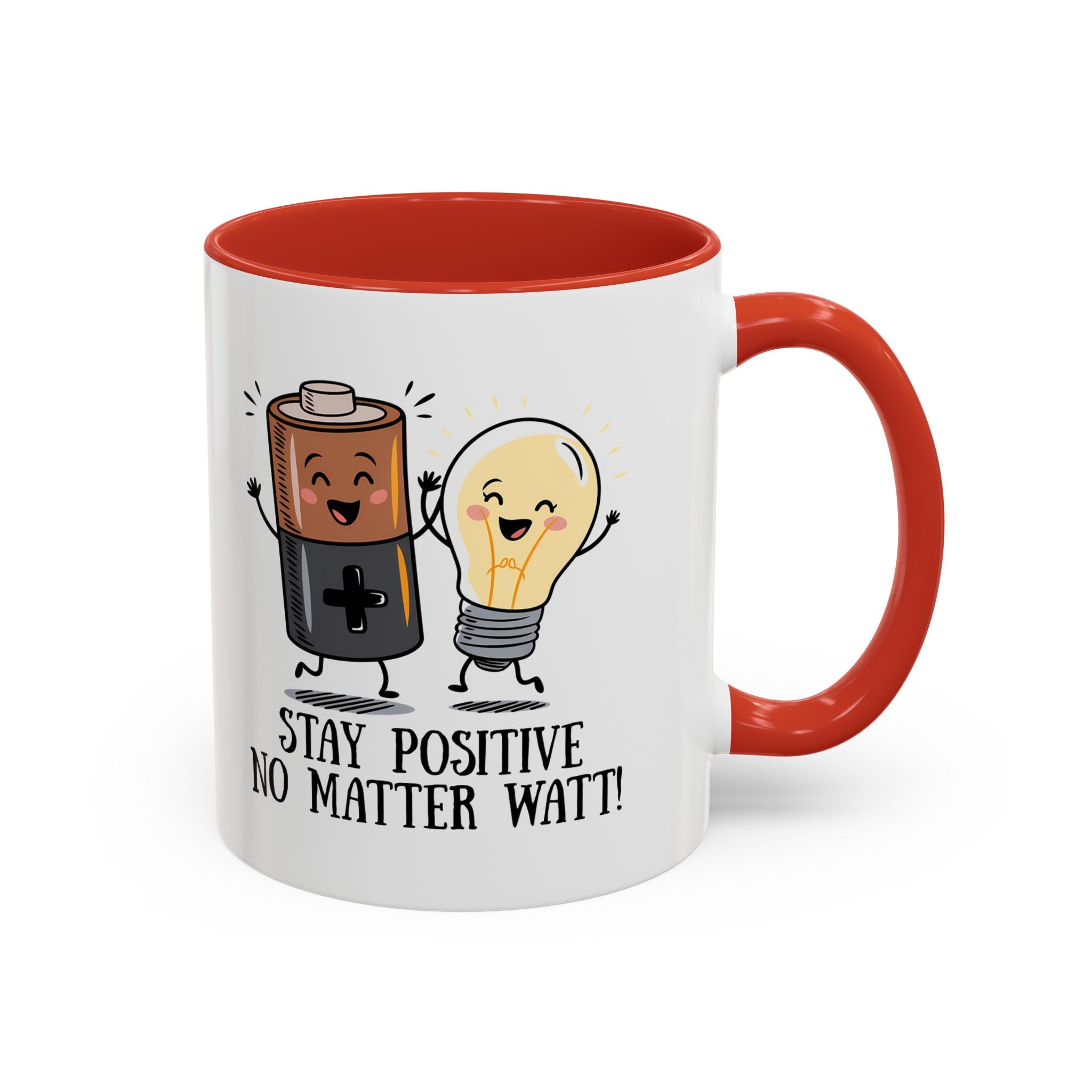 Stay Positive Accent Coffee Mug - 11oz & 15oz - Cute Light Bulb & Battery Design