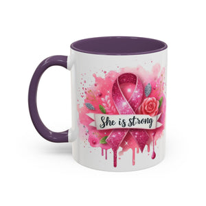 Empowering Pink Ribbon Coffee Mug - She Is Strong, Inspirational Gift for Breast Cancer Awareness, Motivational Drinkware, Supportive [...]